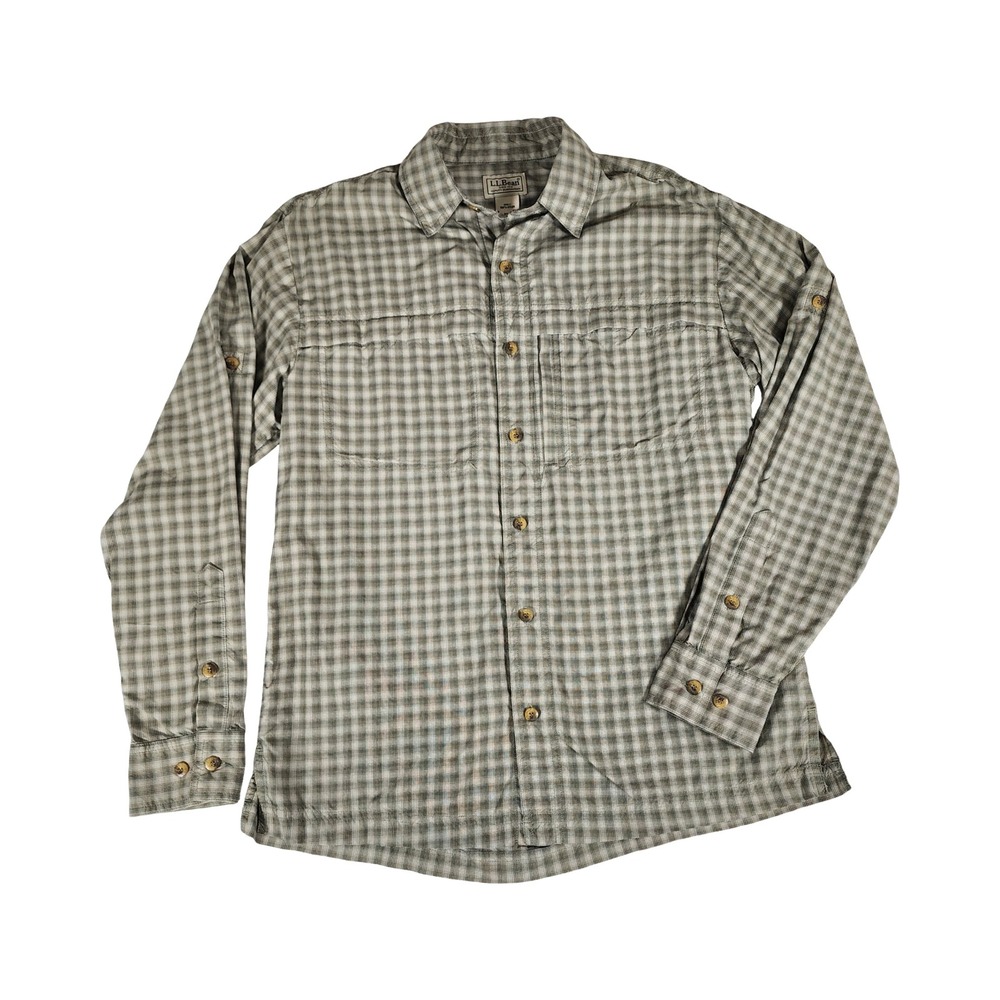 LL Bean Mens Small Green Plaid Nylon Hiking‎ Fishing Shirt Ventilated OCWY5
